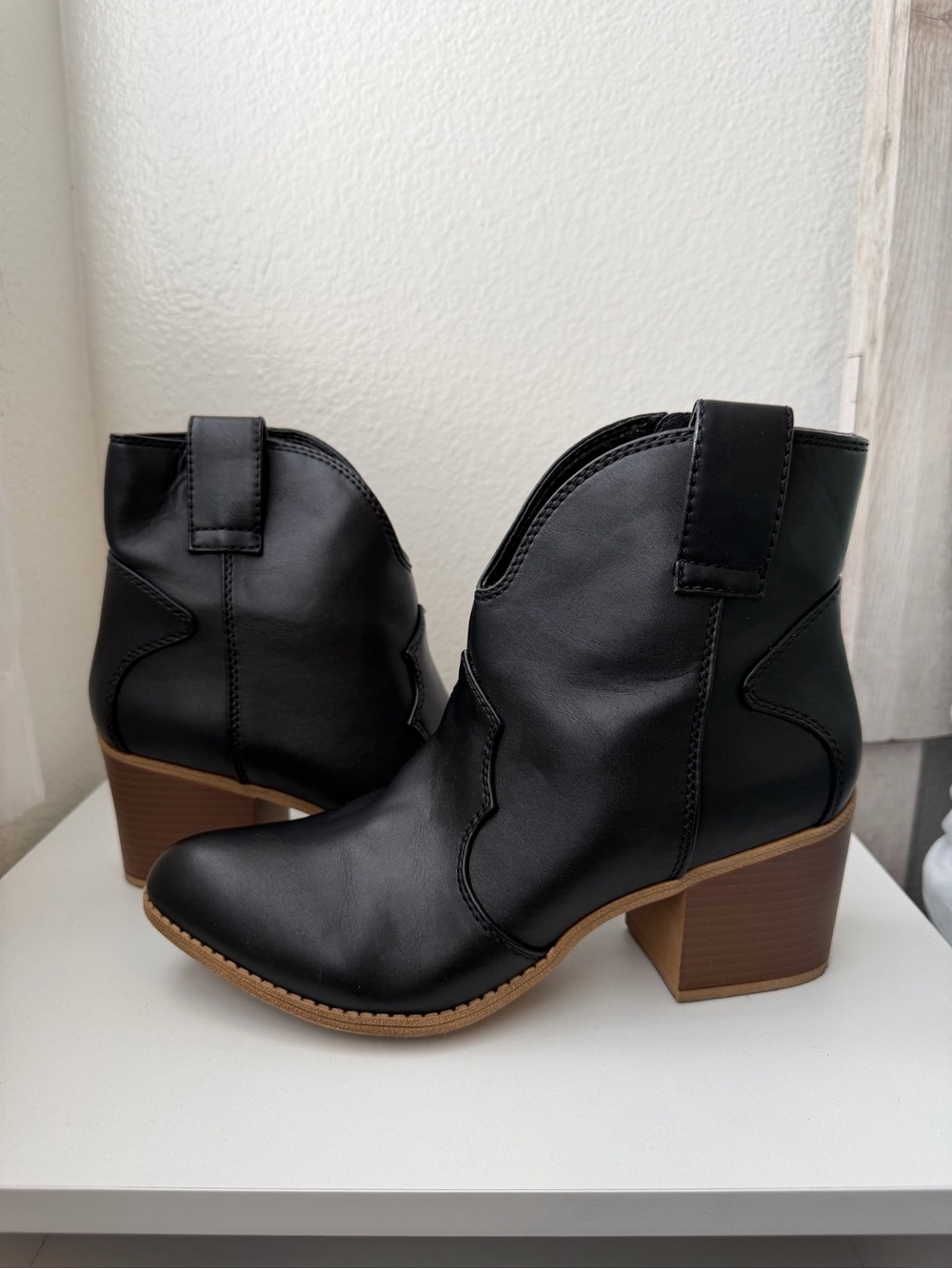 Classic Black Leather Ankle Booties with Block Heel